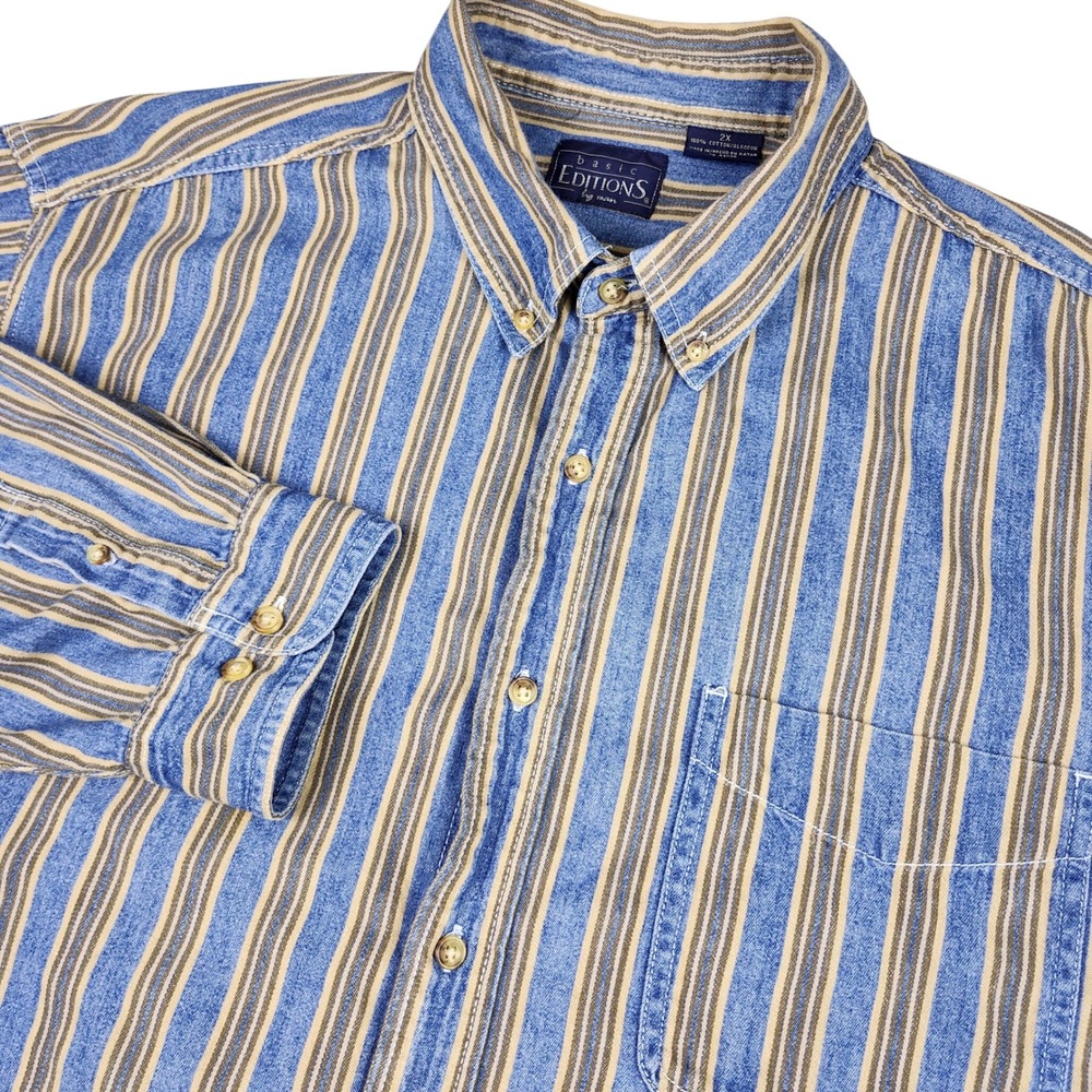 VTG Basic Editions 90s Chambray Work Shirt Mens‎ 2XL Striped Heavy Cotton Pocket